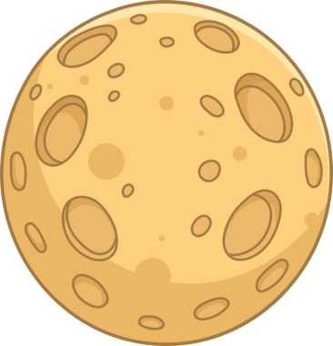 Bu karikatür tarzı bir dolunay çizimi. Ay, farklı tonları olan sarı bir tonda tasvir edilir. Bu da derinliği gösterir. Yüzeyinde birkaç krater var, bazılarının daha koyu sarı çizgileri var..