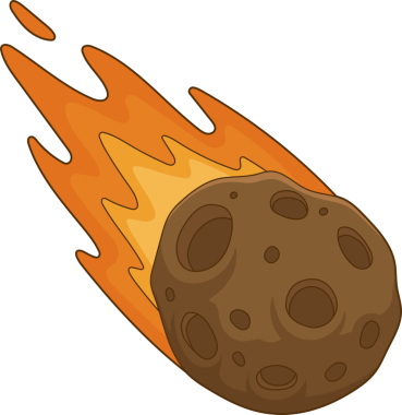 Uzaya fırlayan bir göktaşının karikatür tasviri. Alevli enerjiyle yanıp tutuşuyor. Asteroidin yüzeyinde kraterler var ve simsiyah bir zemin üzerine kurulmuş..