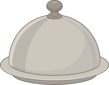 Kubbeli ve saplı parlak gümüş servis tabağı tasvir edilir. Tabak daireseldir, kenarları açıktır, ve kapak üzerine rahatça oturur, yiyecek sunumu için sınırlı bir alan yaratır..