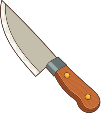 İki küçük perçin ve parlak metal bir bıçakla sabitlenmiş ahşap saplı mutfak bıçağının çizgi filmlerdeki tasviri. Bıçakta gri bir sütyen var. Arka plan siyah, bıçağın öne çıkmasını sağlıyor..