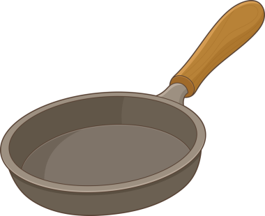 Bir illüstrasyonda, açık kahverengi ahşap bir sapla tamamlanmış, içi ve dışı gri renkli, yuvarlak bir kızartma tavası sergileniyor. Tarzı basit ve çizgi film gibi..