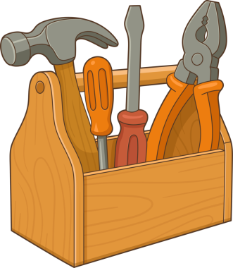 Açık kahverengi ahşaptan yapılmış bir çizgi film alet çantası çeşitli aletleri barındırır. İçinde gri bir çekiç, turuncu ve kırmızı saplı iki tornavida ve bir çift gri ve turuncu pense görebilirsiniz..