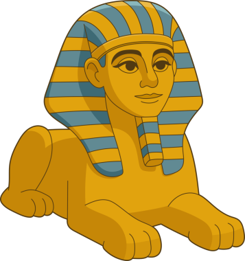 Bir aslanın vücudunun insan özelliklerine sahip olduğu Mısırlı bir sfenksin tasviri, altın ve mavi bir başlığı süslüyor. Yaratık, siyah bir arkaplana karşı dinlenme pozisyonunda tasvir ediliyor..