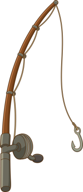 Siyah bir zemin üzerinde bir olta sergileniyor. Çubuk, metal aksanlı kavisli ahşap bir sapa ve halatın ucunda asılı metal bir oltaya sahip, balık yakalamak için hazır..