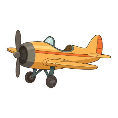 Canlı bir karikatür çizimi. Tek motorlu sarı bir uçak, deniz mavisi iniş takımları ve pervanesi var. Uçak, çocuk kitapları veya eğitim materyalleri için ideal hale getirilerek beyaz bir arkaplan üzerine tasvir edilmiştir..