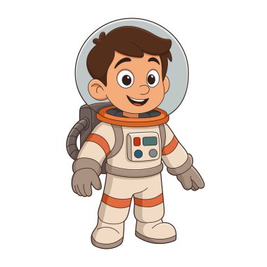Krem renkli uzay elbisesi giymiş, kollarında ve bacaklarında çizgiler olan genç bir çocuğun çizgi filmi gülümseyerek duruyor. Heyecan verici bir maceraya hazır. Beyaz bir arka planda duruyor..