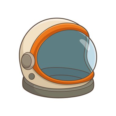 Burada uzay yürüyüşü ve uzay yolculuğu için tasarlanmış bir uzay miğferinin karikatür çizimini görüyoruz. Miğferde açık bir kubbe ve turuncu süsleme var. Tabanında gri aksanlı krema var..