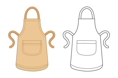 Basit bir illüstrasyonda bir tarafında bej bir önlük ve yanında da aynı önlüğün çizgi çizimi bulunur. Önlüğün ortasında bir cep var ve aşçılar ve fırıncılar için uygun..