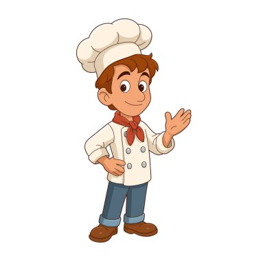 Animasyon tasviri, geleneksel kıyafetlerle süslenmiş genç bir aşçıya sıcak bir jest sunar. Kendine güvenen bir duruşu ve nazik bir gülümsemesi var. Sade bir arkaplanda duruyor. Karakteri vurguluyor..
