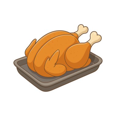 Bir çizgi film çizimi gri bir yemek tepsisinde kızarmış bir kuşu gösteriyor. Kümes hayvanları altın kahverengidir ve iki bacağı kuşun gövdesinin her iki tarafından çıkar. Tepsinin dudağı var..  