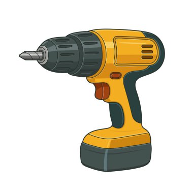 Bu dijital illüstrasyon kablosuz matkabı gösteriyor. Alet sarı ve gri renklidir. Vida yapımında ve onarımında kullanılan el bilgisayarı gibi görünüyor..