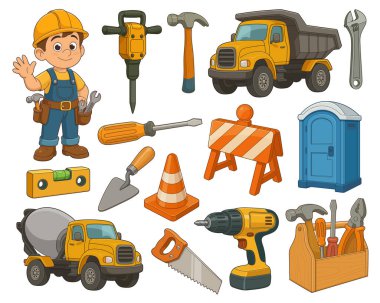 Bir karikatür inşaat işçisi, gerekli araç ve ekipman koleksiyonunun arasında neşeyle el sallıyor. Ayarlar temiz beyaz bir zemin. Bu, inşa, onarım ve altyapı çalışmalarının bir dünyasını gösteriyor..