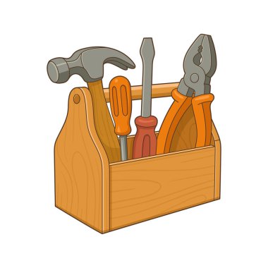 Düzenli bir ahşap alet çantası çekiç, pense ve tornavida gibi çeşitli el aletleriyle doludur. Bu bir ev geliştirme, ustalık ve tamirat sembolü..