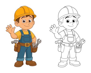 Güvenlik kaskı ve alet kemeri takan neşeli bir çizgi film inşaat işçisi, hem renkli hem de siyah-beyaz çizim ile sunuluyor..