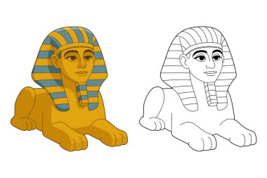 Bir karikatür resmi bir sfenksin iki yorumunu gösterir. Biri renkli, çizgili başlıklı altın bir vücut tasvir ediyor. Diğeri de aynı sfenksin siyah beyaz ana hatlı versiyonu..