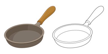 Bu resimde iki dökme demir tava var. Biri renkli, diğeri de siyah beyaz çizgili. Dökme demir tavaların ahşap bir sapı vardır ve yuvarlaktır..