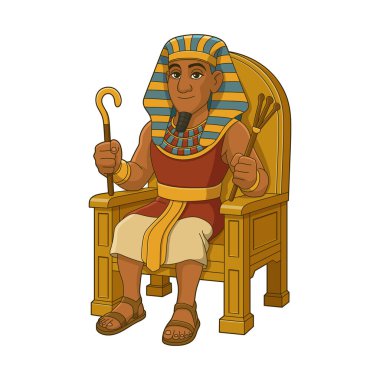 Mısırlı bir hükümdarın, altın bir tahtta oturan ve elinde kırbaç tutan bir karikatür çizimi. Geleneksel giysiler ve eski güç ve otoritenin sembolü olan başlık giyiyor..