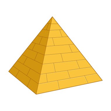 Altın, piramit şeklinde bir yapı beyaz bir zemine karşı duruyor. Piramit, düzenli şekilli bloklardan inşa edilmiş simetrik bir biçimi gösteren, antik mimariyi taklit eden bir karikatür tarzında yapılmıştır..