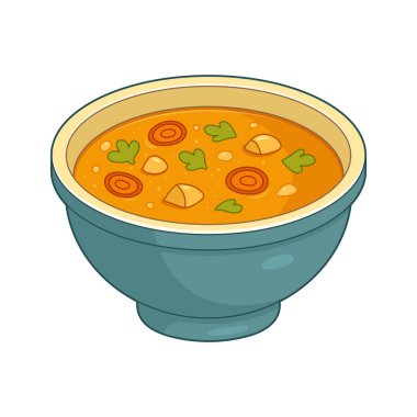 Çizgi filmlerde bir kase sebze çorbası sergilenir. Çorba havuç, sebze ve diğer sebzeleri içerir. Mavi kase turuncu çorbayla dolu ve açık sarı kenarlı.. 