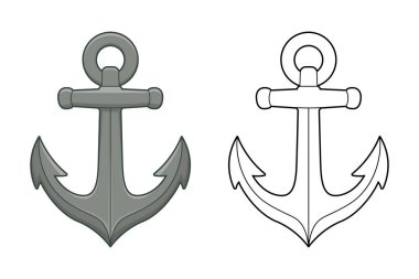 Beyaz arkaplan gösterilerinde yan yana çizgi film tarzı bir illüstrasyon. Ayrıntılı hatlarıyla gölgelenmiş gri bir çapa. Özdeş bir çapanın siyah-beyaz çizgisi..