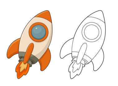 Çizgi film roketinin kalkış görüntüsü. Roketin iki versiyonu vardır: biri tamamen renkli, diğeri ise siyah ana hatlıdır. Roket beyaz bir arkaplanda belirir.