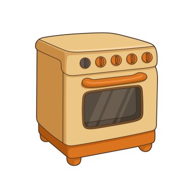 Çizgi film karakteri, bronz tenli, portakal rengi, şeffaf kapılı ve pişirmeye hazır bir fırının çizimi. Biçimlendirilmiş aygıt kenarları yuvarlak ve en üstteki basit denetimler.