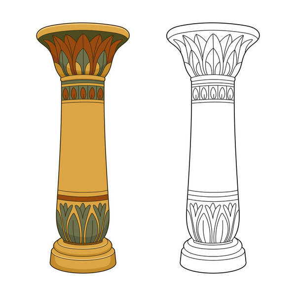 A digital drawing showcases an elegant, stylized ancient column. One version is colored with ornate details, and the other is a line drawing ready for coloring or use in design projects.