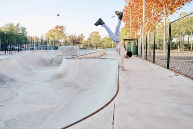Adam kaykay pistinin tepesinde akrobasi yapıyor..