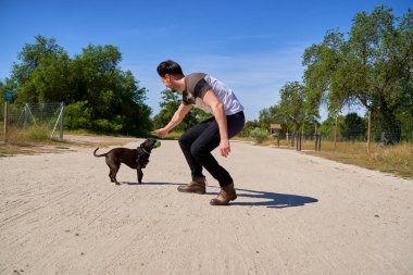 Genç adam evcil hayvanıyla oynuyor. Bir köpek yürüyüşe çıkarken koşar ve oynar..
