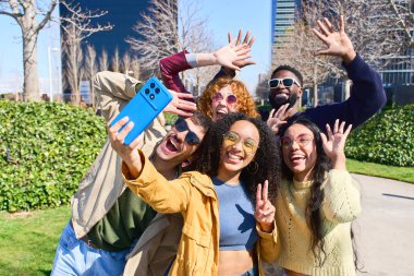 Şehir parkında selfie çeken, akıllı telefon kamerasına el sallayan ve komik suratlar yapan neşeli çoklu etnik arkadaş grubu.