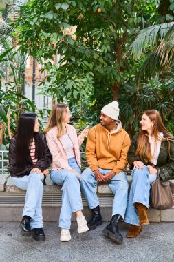Dört farklı üniversite öğrencisi kampüs bahçesindeki bir bankta otururken sohbet ediyorlar.