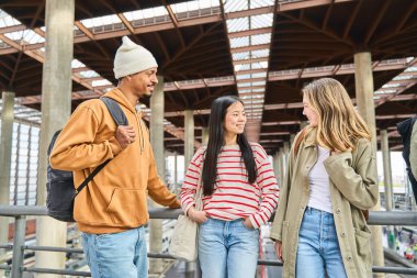 Sırt çantalı neşeli çoklu etnik öğrencilerden oluşan bir grup üniversite kampüsünde dururken sohbet ediyorlar.