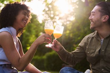 Taze portakal suyuyla kadeh kaldıran gülümseyen çift parkta güneşli bir günün tadını çıkarıyor, aşkı ve birlikteliği kutluyorlar.