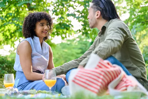 Parkta romantik piknik yapan, güneşli bir günde portakal suyu içip sohbet eden çok ırklı genç bir çift.