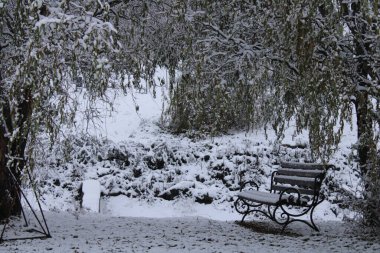 Kışın bankı olan güzel bir park.