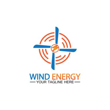 Wind energy logo. renewable energy icon with wind turbines and thunder bolt isolated on white background