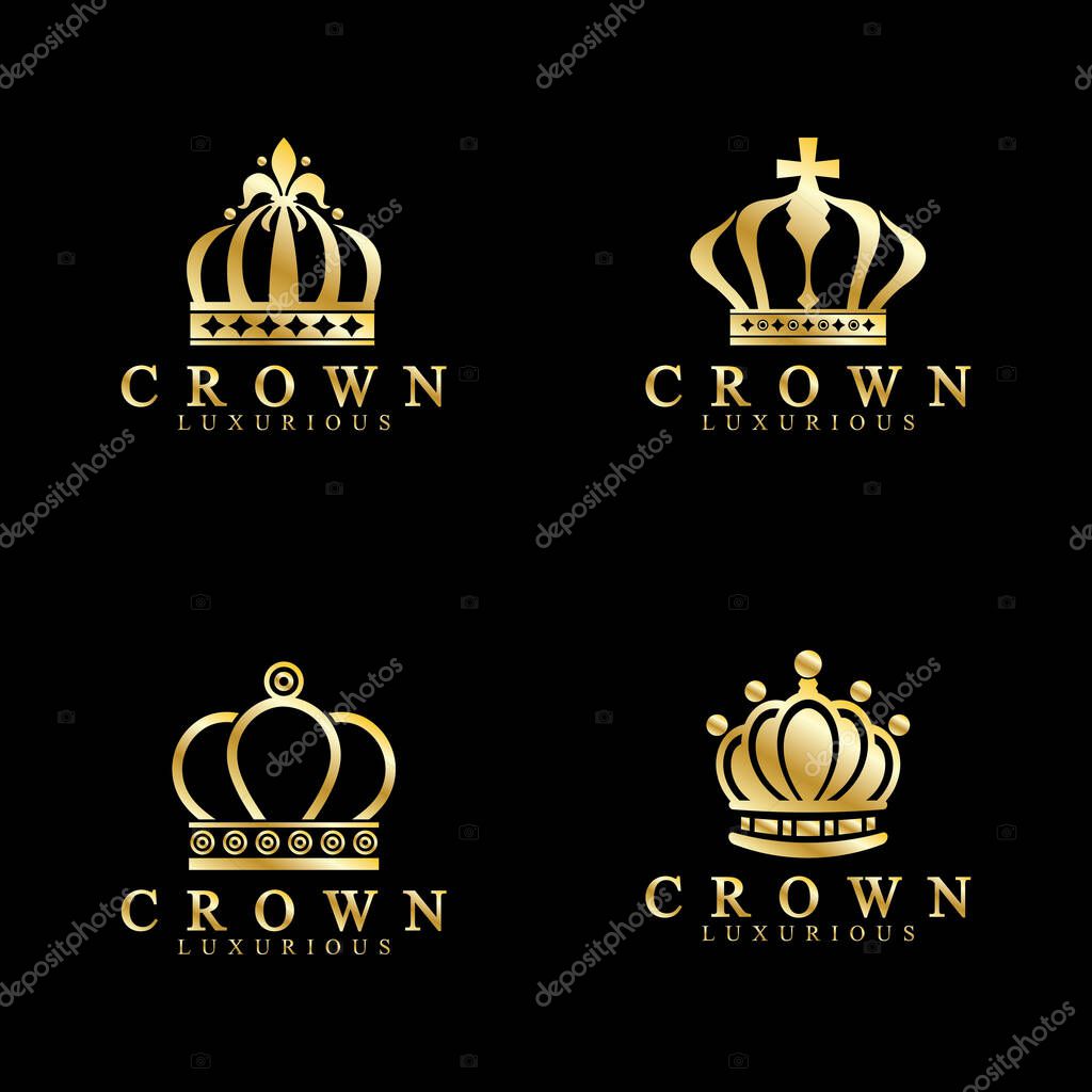 Gold crown icons. Queen king golden crowns luxury Logo Design Vector on black background