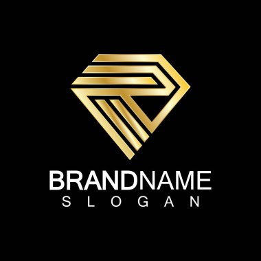 Elmas şekilli R harfi logo tasarımı izole edilmiş siyah arkaplan.