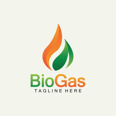 Biyogaz logosu. Petrol ve gaz logosu. Ateş ve yaprak elementleriyle biyogaz logosu enerjisi