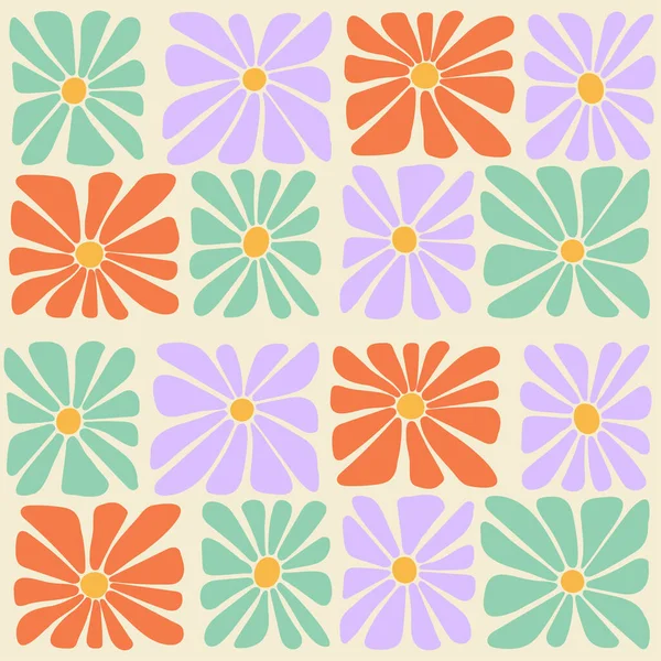 Groovy Trippy Daisy Fliesen Checkery Nahtlose Muster Quadratische Blumen Flicken — Stockvektor