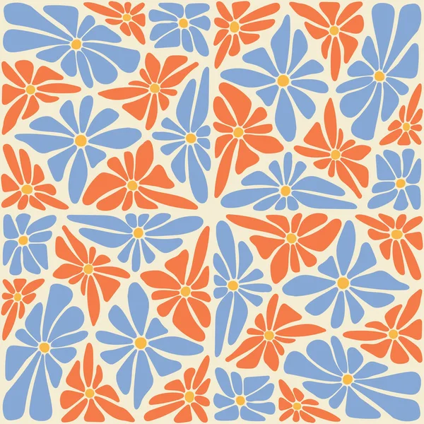 Groovy Trippy Daisy Fliesen Nahtlose Muster Abstraktes Kaleidoskop Handgezeichneter Blumen — Stockvektor