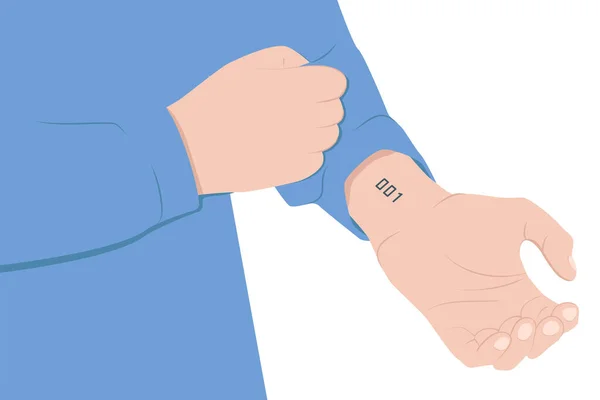 男人用另一只手卷起袖子露出手腕 手腕上是零一号纹身标志 在一个完全控制的数字世界中的人类身份的概念 矢量说明 — 图库矢量图片