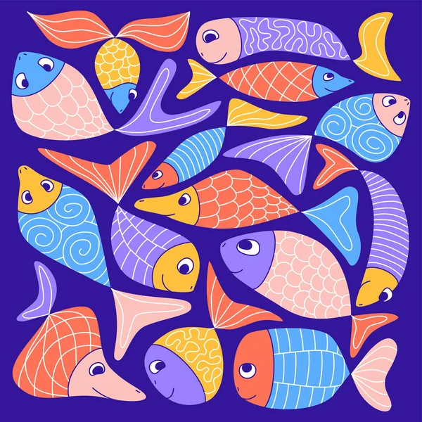 색깔의 수족관 물고기 웃기는 추상적 스타일 특허받은 정어리 금붕어 기념품 — 스톡 벡터