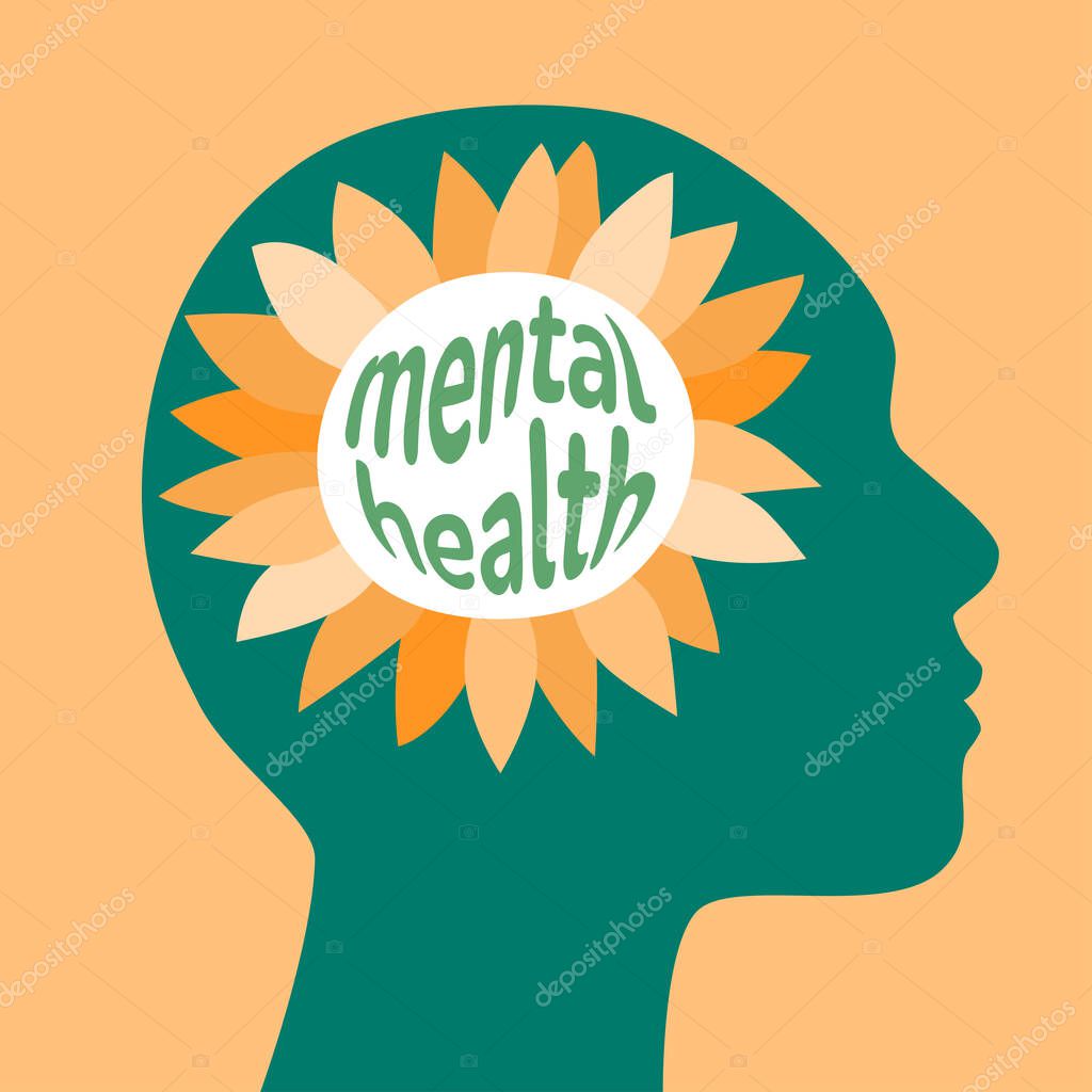 Head silhouette with sunflower inside mental health distort script. Self awareness. Therapy logo. Mental health, healing reflections positive psycology, self care, comfort harmony eco thinking concept