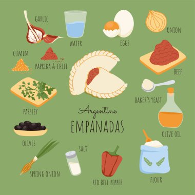 Arjantin Empanadas tarifi ve malzemeler. Geleneksel Latin Amerika atıştırmalığı. Hamur ve et doldur. Güzel el çizimi karalama. Vektör illüstrasyonu.