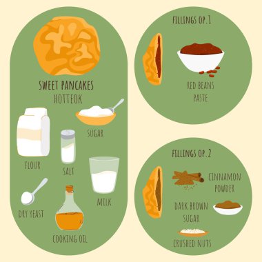 Kore usulü krep, hamur köftesi ve tarifi malzemelerle doldur. Geleneksel Asya sokak atıştırmalığı. Güzel el çizimi karalama. Vektör illüstrasyonu.