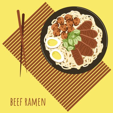 Bambudan yapılmış afişte çubuklu ramen çorbası. Erişteli Asya yemeği, sığır eti, mantar, yumurta, bezelye filizi. Çin Japon Kore mutfağı popüler yemek. Vektör illüstrasyonu.