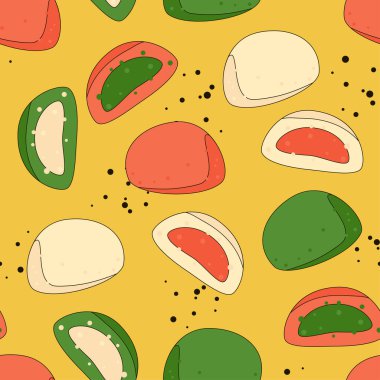 Kore sokak yemekleri pürüzsüz. Farklı dolgularla buğulanmış kum tepecikleri. Geleneksel Asya atıştırmaları. Güzel karalama geçmişi. Vektör illüstrasyonu.