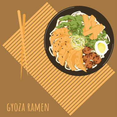 Bambu kaplamalı Gyoza ramen çorbası. Erişteli Asya yemeği, gyoza köftesi, menma, yumurta, bezelye kabuğu, turp filizi. Çin Japon Kore mutfağı popüler yemek. Vektör illüstrasyonu.