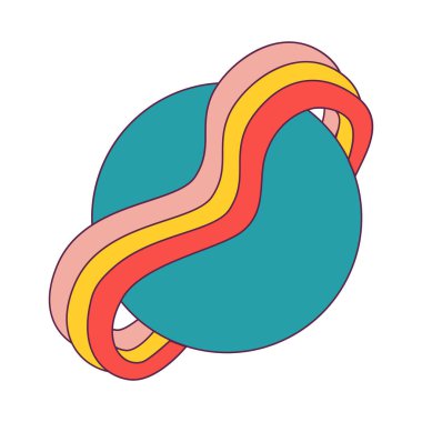 Retro Saturn planet icon with rainbow wavy rings. 1970s vintage style sticker. Trippy psychedelic planet design. Peaceful groovy universe element. Vector illustration.